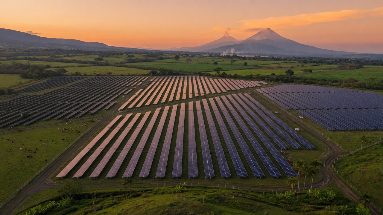 Planta solar en el campo salvadoreño al atardecer